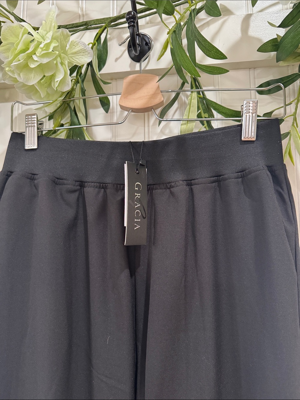 #304 GRACIA Black Women's M Stretch Dressy Pants w Gold Button Hem NWT - Picture 4 of 6